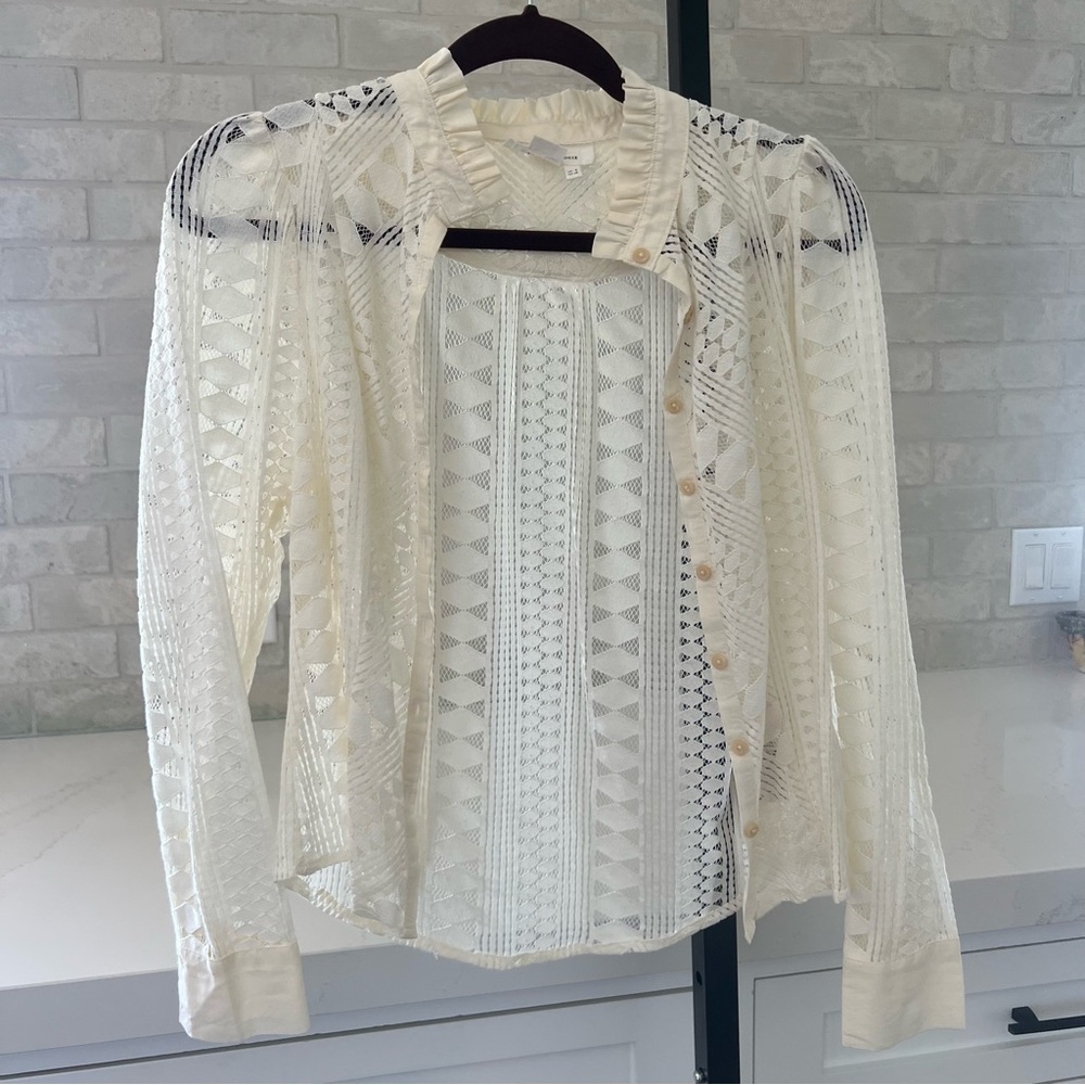 Anthropologie Cream Cut out Ruffle Eyelet Blouse Top